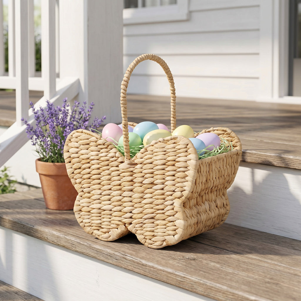 Butterfly Shaped Woven Straw Basket with Handles, Handmade Grass Woven Gift Basket for Easter Eggs, Chocolate Candy & Holiday Gift Giving -ZENG-091615