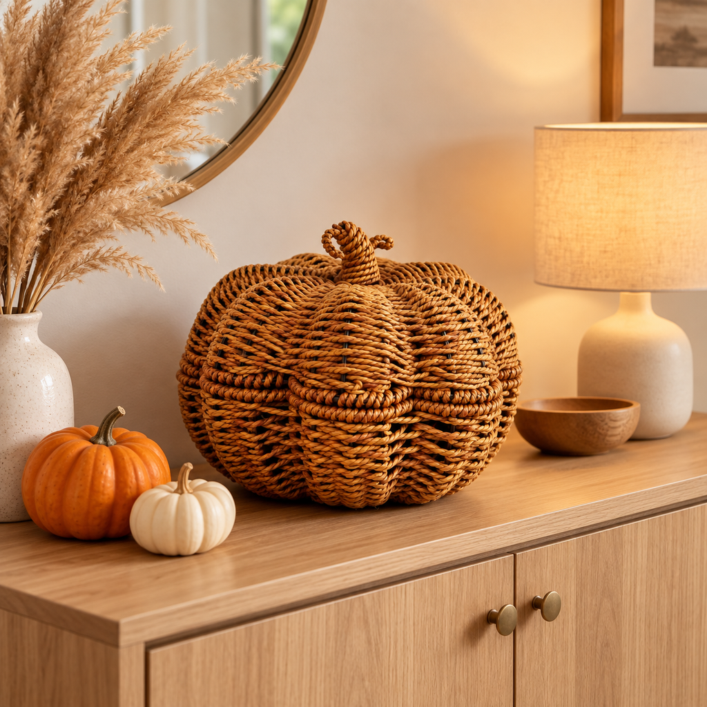 Woven Pumpkin Decor for Fall Table, Handmade Wicker Pumpkin Ornament with Leaf Stem, Autumn Farmhouse Centerpiece & Thanksgiving Decor -ZENG-092009