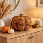 Woven Pumpkin Decor for Fall Table, Handmade Wicker Pumpkin Ornament with Leaf Stem, Autumn Farmhouse Centerpiece & Thanksgiving Decor -ZENG-092009