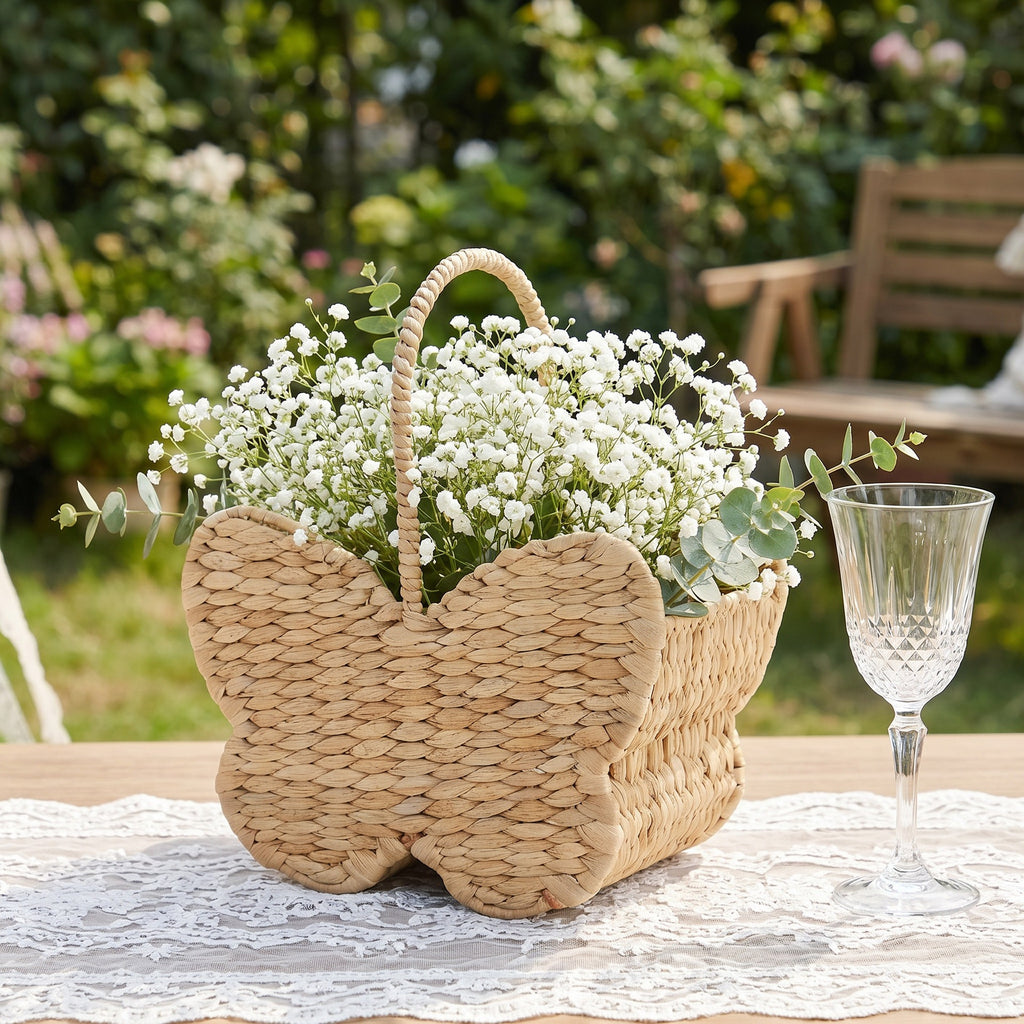 Butterfly Shaped Woven Straw Basket with Handles, Handmade Grass Woven Gift Basket for Easter Eggs, Chocolate Candy & Holiday Gift Giving -ZENG-091615