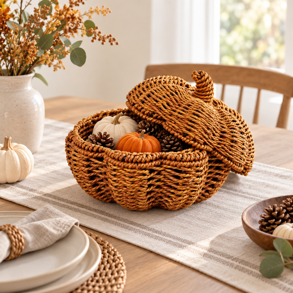 Woven Pumpkin Decor for Fall Table, Handmade Wicker Pumpkin Ornament with Leaf Stem, Autumn Farmhouse Centerpiece & Thanksgiving Decor -ZENG-092009