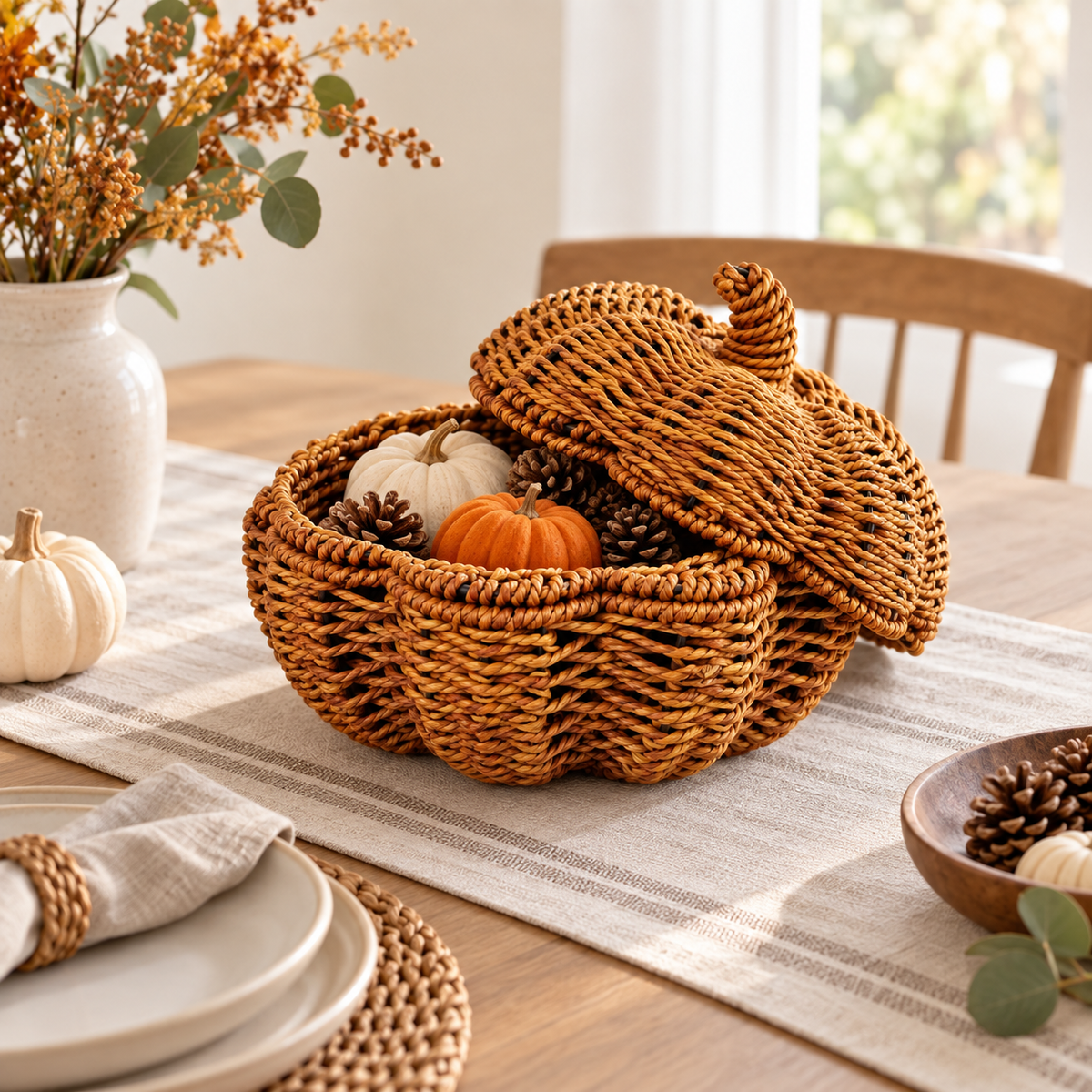 Woven Pumpkin Decor for Fall Table, Handmade Wicker Pumpkin Ornament with Leaf Stem, Autumn Farmhouse Centerpiece & Thanksgiving Decor -ZENG-092009