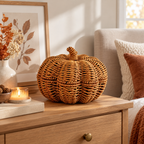 Woven Pumpkin Decor for Fall Table, Handmade Wicker Pumpkin Ornament with Leaf Stem, Autumn Farmhouse Centerpiece & Thanksgiving Decor -ZENG-092009