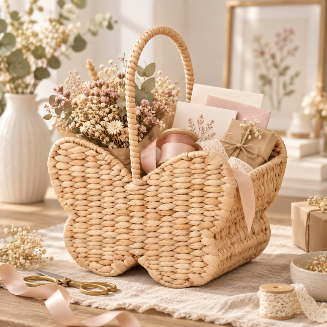 Butterfly Shaped Woven Straw Basket with Handles, Handmade Grass Woven Gift Basket for Easter Eggs, Chocolate Candy & Holiday Gift Giving -ZENG-091615 Main Image