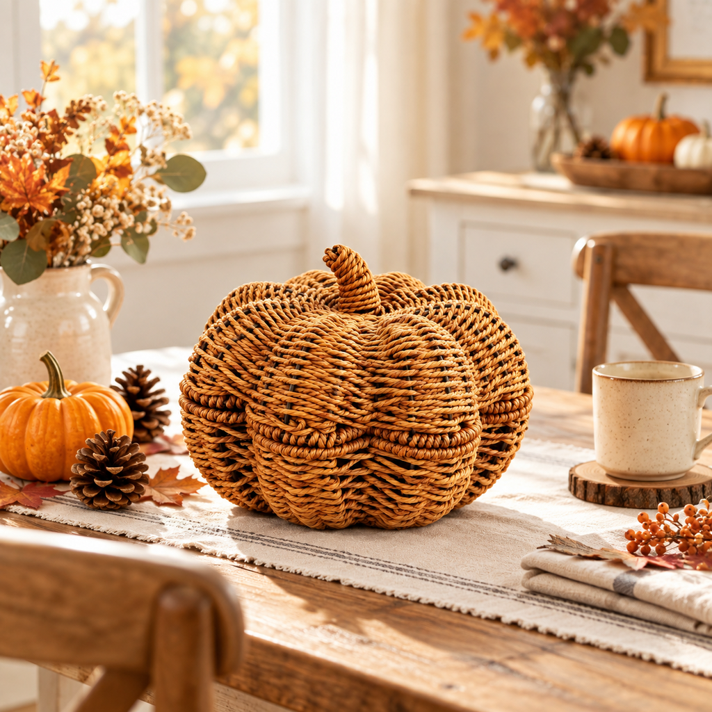 Woven Pumpkin Decor for Fall Table, Handmade Wicker Pumpkin Ornament with Leaf Stem, Autumn Farmhouse Centerpiece & Thanksgiving Decor -ZENG-092009