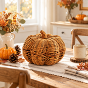 Woven Pumpkin Decor for Fall Table, Handmade Wicker Pumpkin Ornament with Leaf Stem, Autumn Farmhouse Centerpiece & Thanksgiving Decor -ZENG-092009
