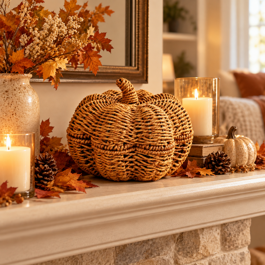 Woven Pumpkin Decor for Fall Table, Handmade Wicker Pumpkin Ornament with Leaf Stem, Autumn Farmhouse Centerpiece & Thanksgiving Decor -ZENG-092009
