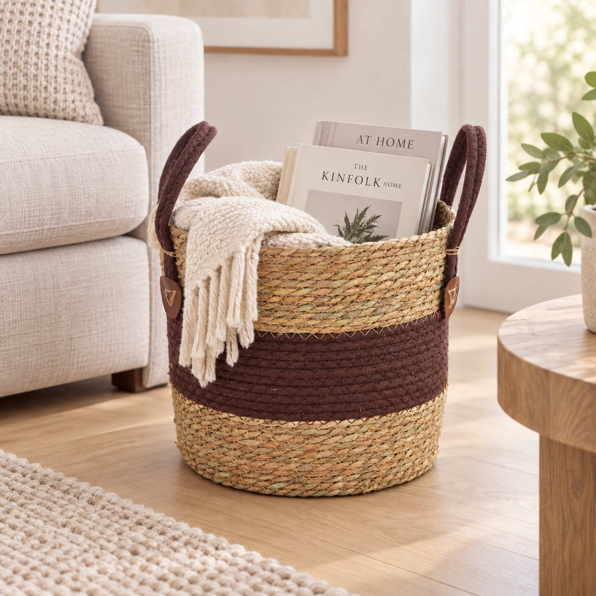 Straw Woven Planter Basket with Brown Fabric Trim & Handles, Handmade Seagrass Plant Pot Cover for Money Tree, Pothos & Boho Home Decor -ZENG-091807