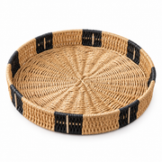 Round Woven Tray with Black Band Trim, Handwoven Seagrass Serving Tray for Coffee Table, Kitchen Counter & Entryway Vanity Decor -ZENG-092401