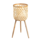 Woven Plant Stand with Tripod Wooden Legs, Handwoven Open Weave Rattan Flower Pot Holder for Indoor Plants, Boho Home Decor -ZENG-091701
