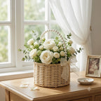English: Handwoven Rattan Flower Basket with Pearl Handle & Sheer Ribbon Bow, Wicker Floral Arrangement Basket for Wedding, Home Decor & Gift