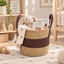 Straw Woven Planter Basket with Brown Fabric Trim & Handles, Handmade Seagrass Plant Pot Cover for Money Tree, Pothos & Boho Home Decor -ZENG-091807