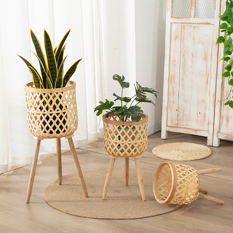 Woven Plant Stand with Tripod Wooden Legs, Handwoven Open Weave Rattan Flower Pot Holder for Indoor Plants, Boho Home Decor -ZENG-091701