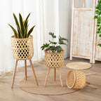 Woven Plant Stand with Tripod Wooden Legs, Handwoven Open Weave Rattan Flower Pot Holder for Indoor Plants, Boho Home Decor -ZENG-091701