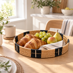Round Woven Tray with Black Band Trim, Handwoven Seagrass Serving Tray for Coffee Table, Kitchen Counter & Entryway Vanity Decor -ZENG-092401