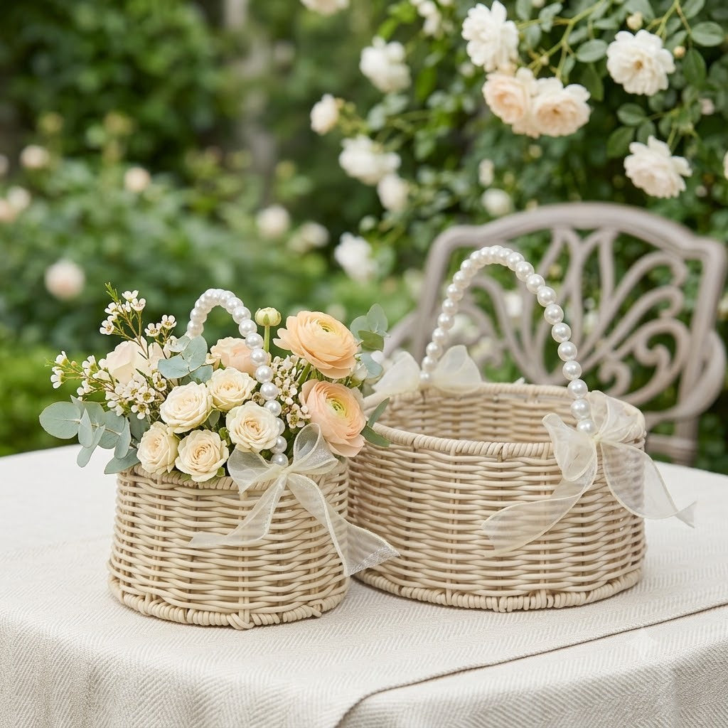 English: Handwoven Rattan Flower Basket with Pearl Handle & Sheer Ribbon Bow, Wicker Floral Arrangement Basket for Wedding, Home Decor & Gift