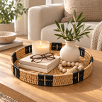 Round Woven Tray with Black Band Trim, Handwoven Seagrass Serving Tray for Coffee Table, Kitchen Counter & Entryway Vanity Decor -ZENG-092401
