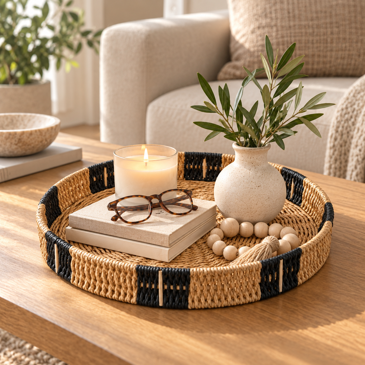 Round Woven Tray with Black Band Trim, Handwoven Seagrass Serving Tray for Coffee Table, Kitchen Counter & Entryway Vanity Decor -ZENG-092401