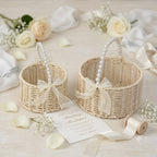 English: Handwoven Rattan Flower Basket with Pearl Handle & Sheer Ribbon Bow, Wicker Floral Arrangement Basket for Wedding, Home Decor & Gift