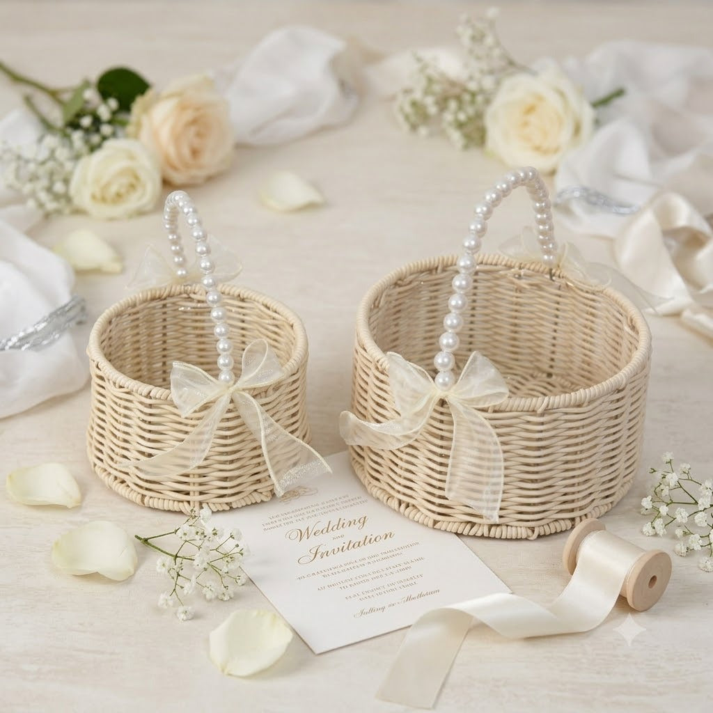 English: Handwoven Rattan Flower Basket with Pearl Handle & Sheer Ribbon Bow, Wicker Floral Arrangement Basket for Wedding, Home Decor & Gift