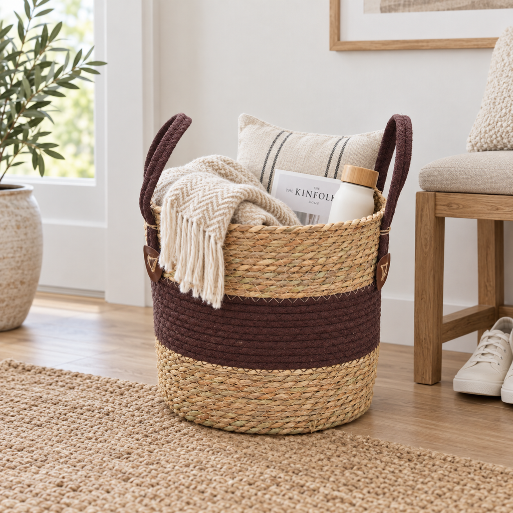 Straw Woven Planter Basket with Brown Fabric Trim & Handles, Handmade Seagrass Plant Pot Cover for Money Tree, Pothos & Boho Home Decor -ZENG-091807