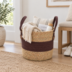 Straw Woven Planter Basket with Brown Fabric Trim & Handles, Handmade Seagrass Plant Pot Cover for Money Tree, Pothos & Boho Home Decor -ZENG-091807