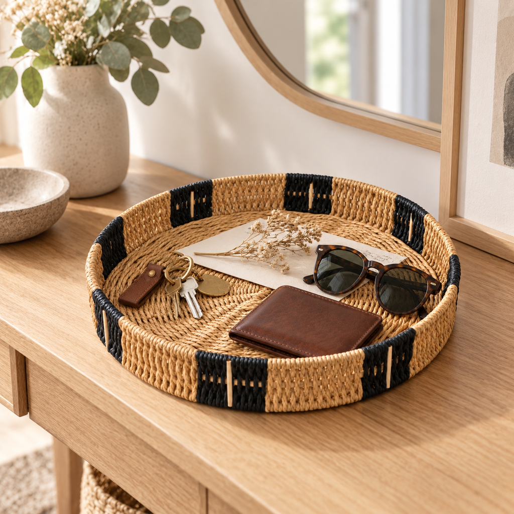 Round Woven Tray with Black Band Trim, Handwoven Seagrass Serving Tray for Coffee Table, Kitchen Counter & Entryway Vanity Decor -ZENG-092401
