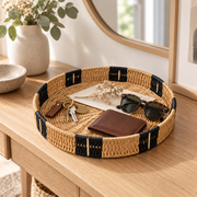 Round Woven Tray with Black Band Trim, Handwoven Seagrass Serving Tray for Coffee Table, Kitchen Counter & Entryway Vanity Decor -ZENG-092401