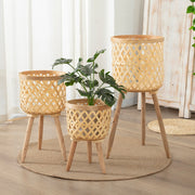Woven Plant Stand with Tripod Wooden Legs, Handwoven Open Weave Rattan Flower Pot Holder for Indoor Plants, Boho Home Decor -ZENG-091701