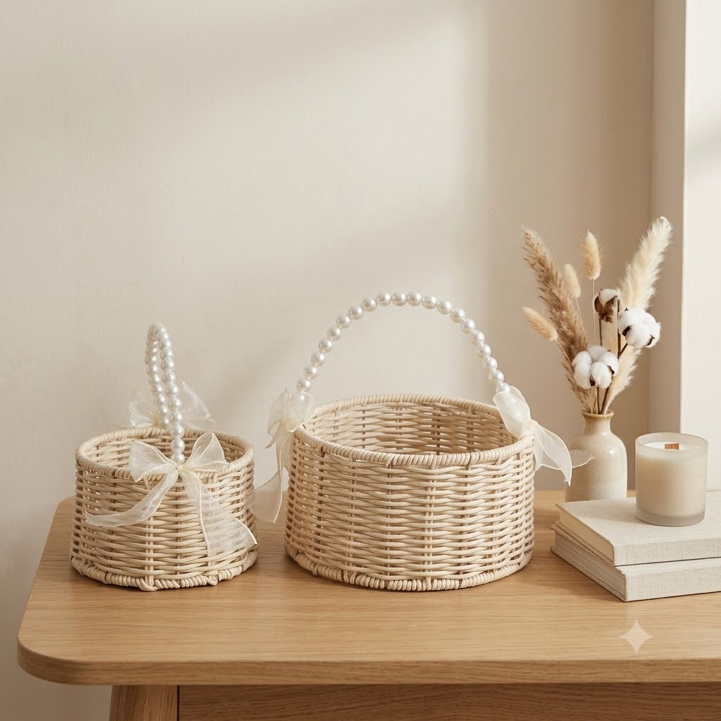 English: Handwoven Rattan Flower Basket with Pearl Handle & Sheer Ribbon Bow, Wicker Floral Arrangement Basket for Wedding, Home Decor & Gift