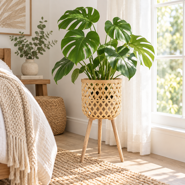 Woven Plant Stand with Tripod Wooden Legs, Handwoven Open Weave Rattan Flower Pot Holder for Indoor Plants, Boho Home Decor -ZENG-091701 Hover Image