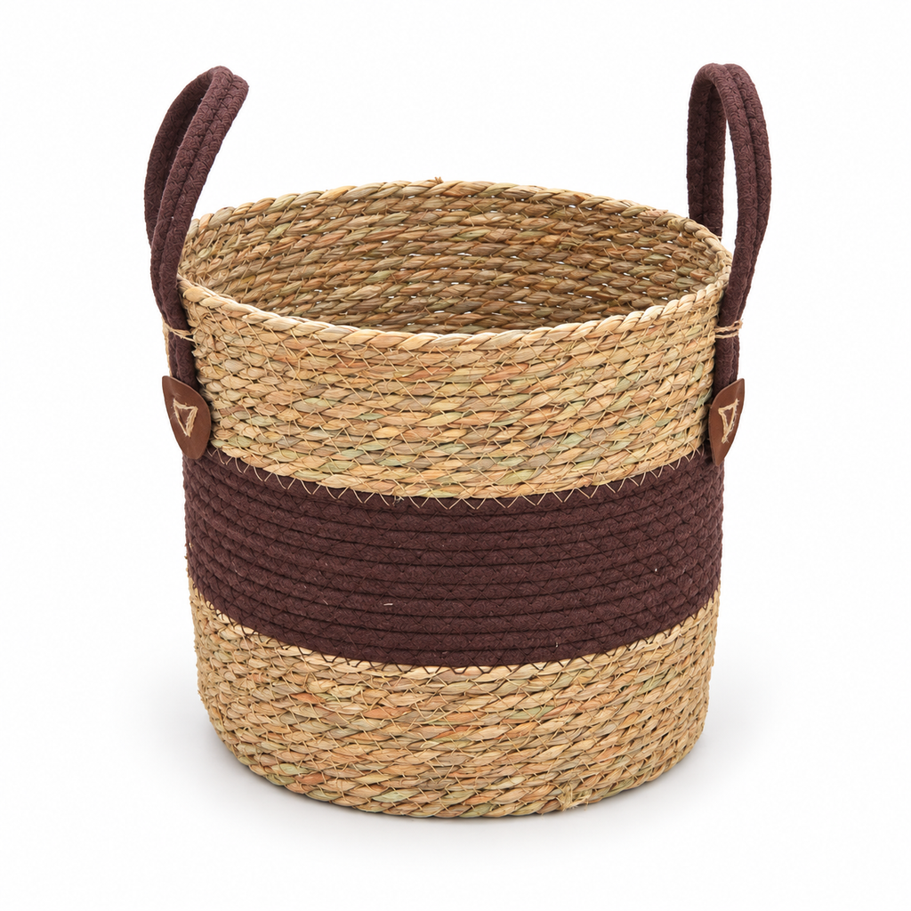 Straw Woven Planter Basket with Brown Fabric Trim & Handles, Handmade Seagrass Plant Pot Cover for Money Tree, Pothos & Boho Home Decor -ZENG-091807