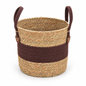Straw Woven Planter Basket with Brown Fabric Trim & Handles, Handmade Seagrass Plant Pot Cover for Money Tree, Pothos & Boho Home Decor -ZENG-091807
