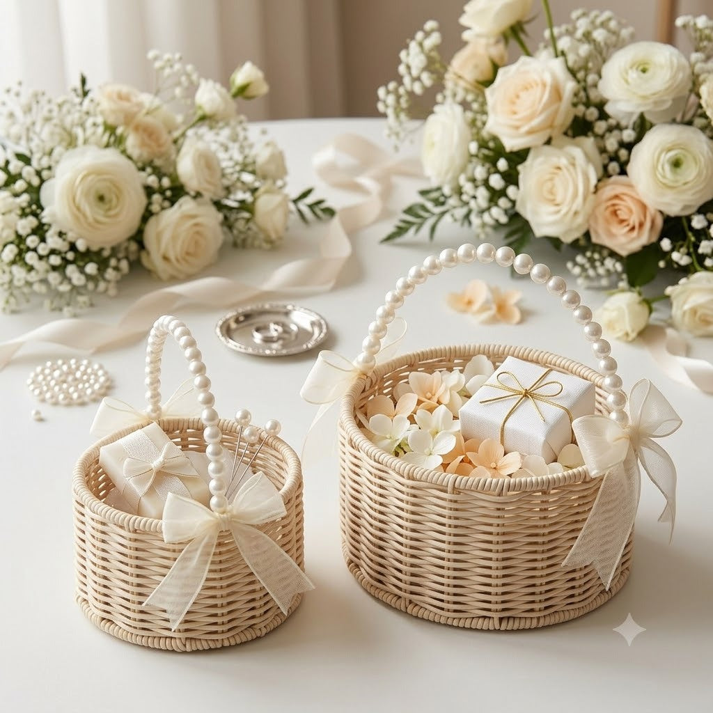 English: Handwoven Rattan Flower Basket with Pearl Handle & Sheer Ribbon Bow, Wicker Floral Arrangement Basket for Wedding, Home Decor & Gift