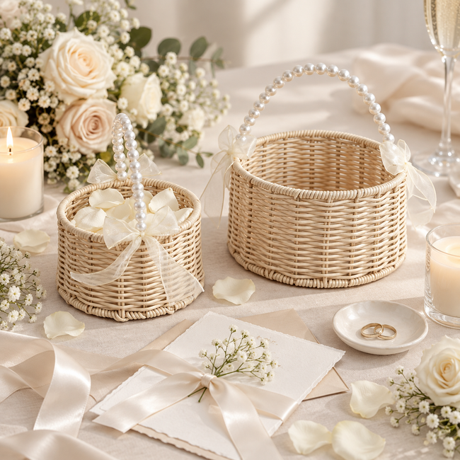Handwoven Rattan Flower Basket with Pearl Handle & Sheer Ribbon Bow, Wicker Floral Arrangement Basket for Wedding, Home Decor & Gift -ZENG-091501 Hover Image