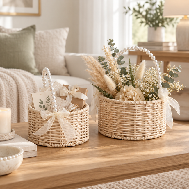 Handwoven Rattan Flower Basket with Pearl Handle & Sheer Ribbon Bow, Wicker Floral Arrangement Basket for Wedding, Home Decor & Gift -ZENG-091501 Main Image