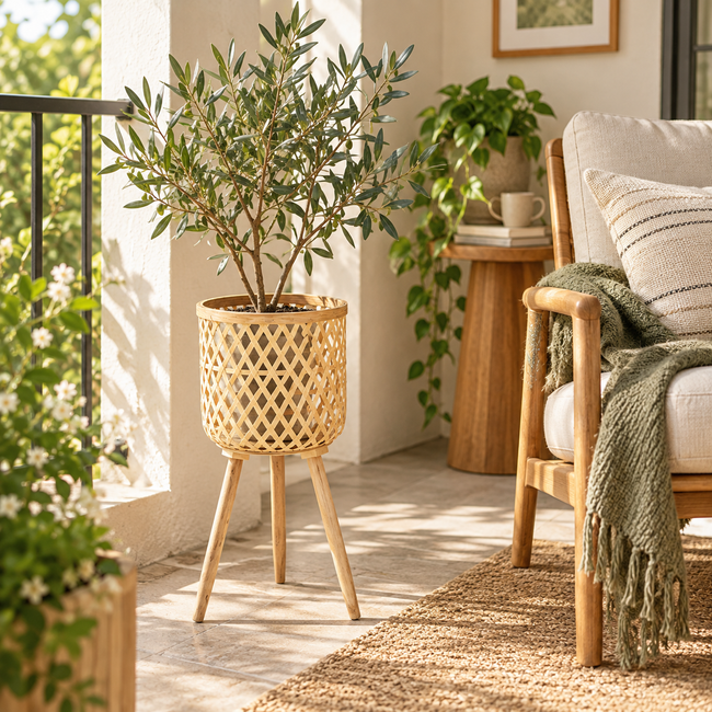 Woven Plant Stand with Tripod Wooden Legs, Handwoven Open Weave Rattan Flower Pot Holder for Indoor Plants, Boho Home Decor -ZENG-091701 Main Image