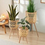 Woven Plant Stand with Tripod Wooden Legs, Handwoven Open Weave Rattan Flower Pot Holder for Indoor Plants, Boho Home Decor -ZENG-091701