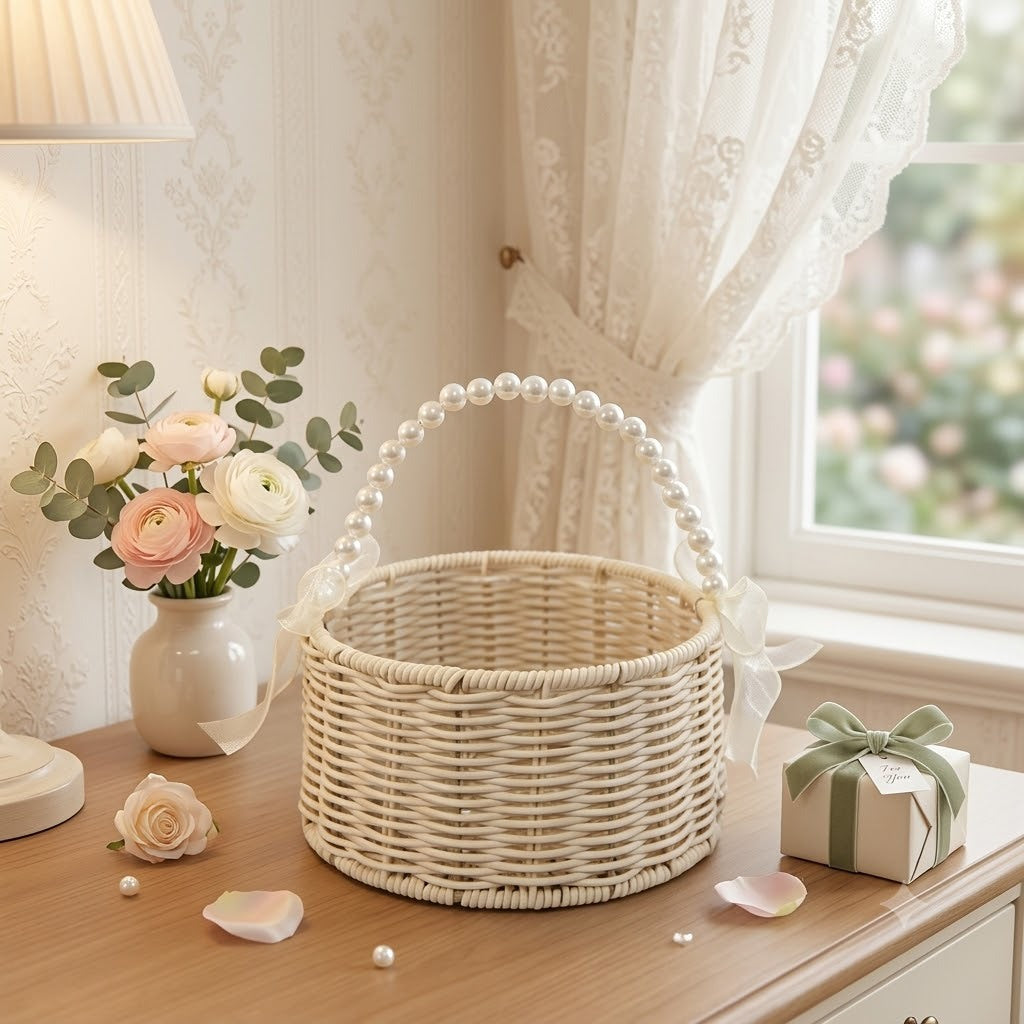 English: Handwoven Rattan Flower Basket with Pearl Handle & Sheer Ribbon Bow, Wicker Floral Arrangement Basket for Wedding, Home Decor & Gift