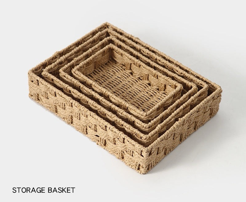 Set of 2 Woven Storage Baskets, Rectangular Organizer Trays for Bathroom, Vanity, Desk & Shelf-cc-091801
