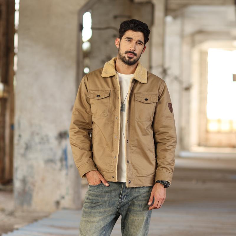 Men's Sherpa Lined Winter Trucker Jacket Warm Multi Pocket Casual Jacket Collared Menswear Tops Cotton Fleece Long Sleeve FallFreshness Khaki Beige Jacket Outdoorfun