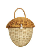 Acorn Shaped Woven Storage Basket with Lid & Handle, Natural Rattan Sealed Organizer Basket with Wooden Bead Closure for Trinkets, Candy & Home Decor -ZENG-091616