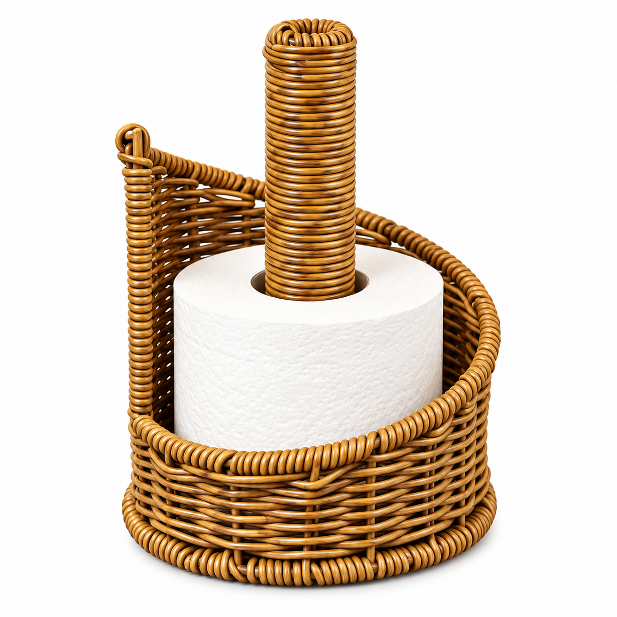 Wicker Toilet Paper Holder with Stand, Handwoven Rattan Paper Roll Storage with Center Pole for Bathroom, Bedroom & Farmhouse Decor -ZENG-092010