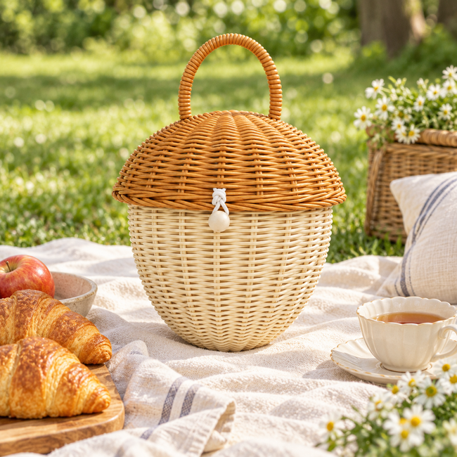 Acorn Shaped Woven Storage Basket with Lid & Handle, Natural Rattan Sealed Organizer Basket with Wooden Bead Closure for Trinkets, Candy & Home Decor -ZENG-091616 Main Image