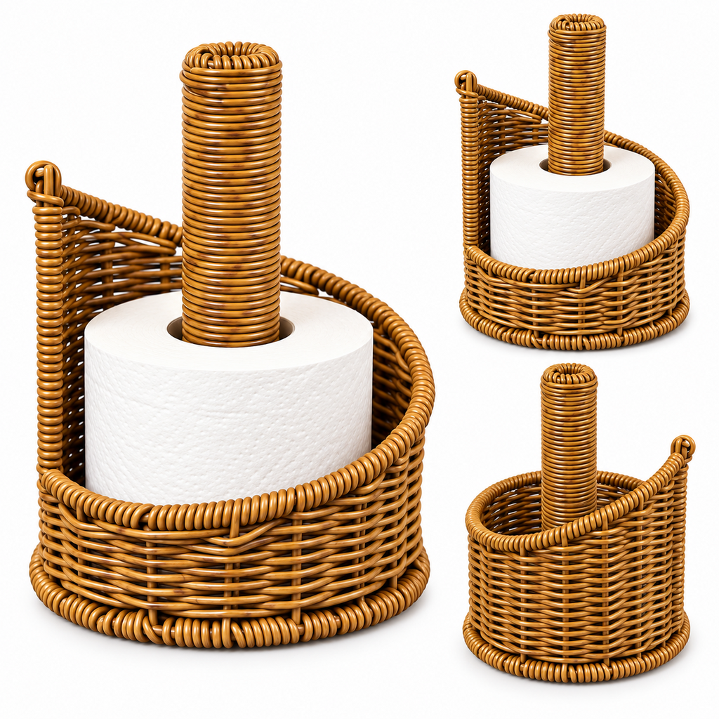 Wicker Toilet Paper Holder with Stand, Handwoven Rattan Paper Roll Storage with Center Pole for Bathroom, Bedroom & Farmhouse Decor -ZENG-092010