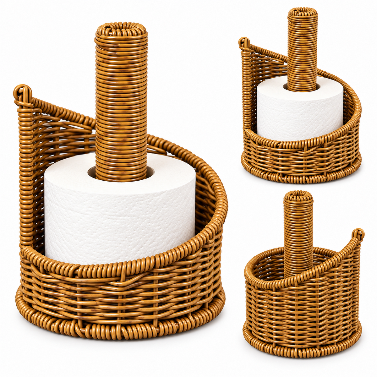 Wicker Toilet Paper Holder with Stand, Handwoven Rattan Paper Roll Storage with Center Pole for Bathroom, Bedroom & Farmhouse Decor -ZENG-092010