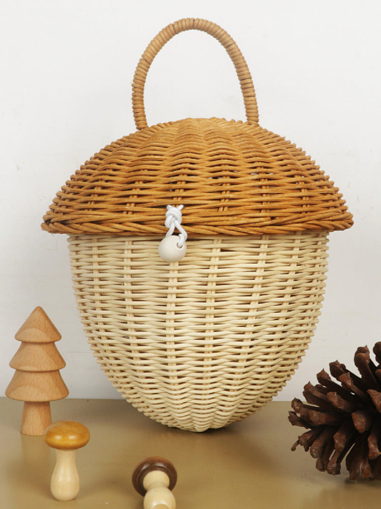 Acorn Shaped Woven Storage Basket with Lid & Handle, Natural Rattan Sealed Organizer Basket with Wooden Bead Closure for Trinkets, Candy & Home Decor -ZENG-091616