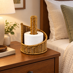 Wicker Toilet Paper Holder with Stand, Handwoven Rattan Paper Roll Storage with Center Pole for Bathroom, Bedroom & Farmhouse Decor -ZENG-092010