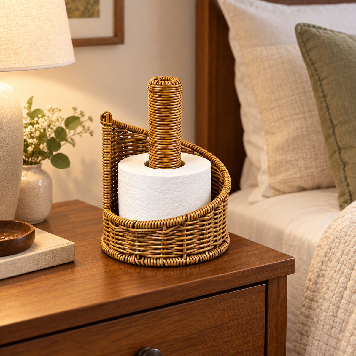 Wicker Toilet Paper Holder with Stand, Handwoven Rattan Paper Roll Storage with Center Pole for Bathroom, Bedroom & Farmhouse Decor -ZENG-092010