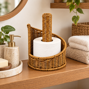 Wicker Toilet Paper Holder with Stand, Handwoven Rattan Paper Roll Storage with Center Pole for Bathroom, Bedroom & Farmhouse Decor -ZENG-092010